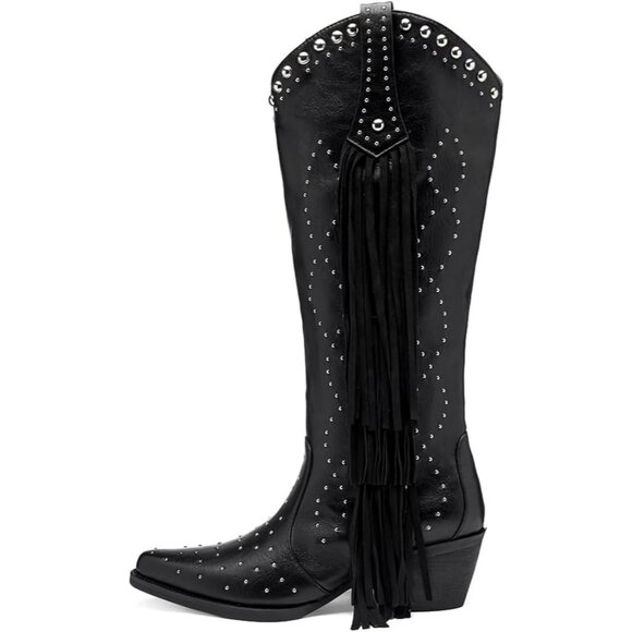 Women's Black Fashion Pointed Toe Chunky Heel Rivet Pull-On Knee High Fringe - Picture 4 of 8